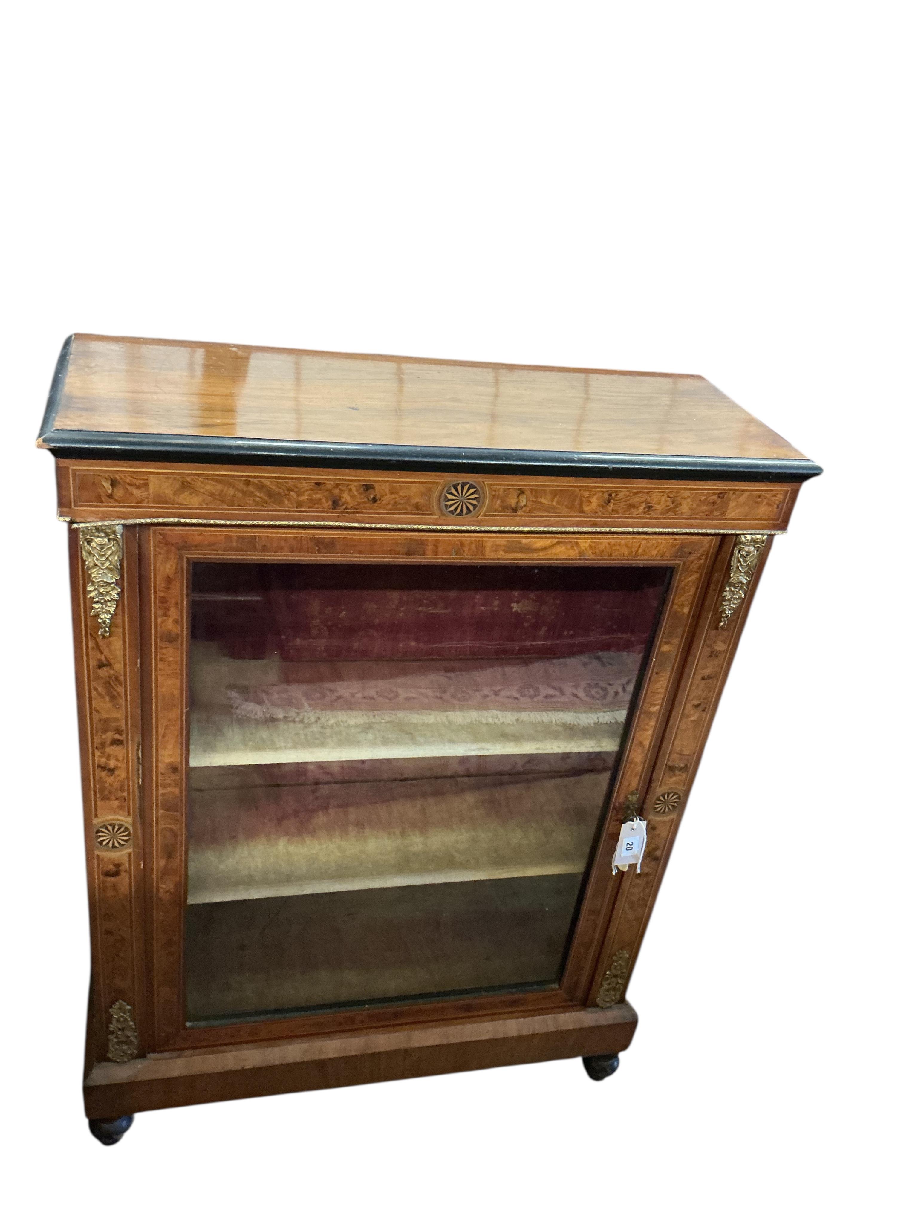 A late Victorian gilt metal mounted inlaid walnut pier cabinet, width 79cm, depth 29cm, height 106cm
